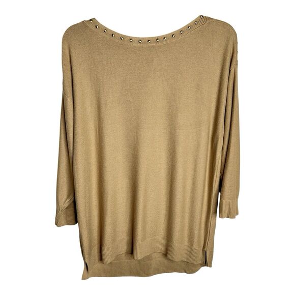 Chico's Knit Top Sz 2-Large Tan 3/4 Sleeve Gold Buttons At Shoulder - Picture 1 of 8